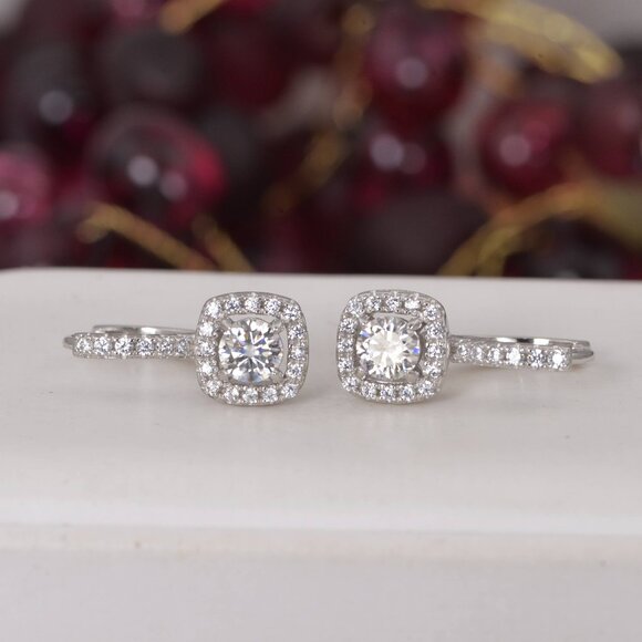 Certified Moissanite 1.0 ctw Halo Huggies Lever Hoop Earrings 925 Sterling NWT - Picture 1 of 4